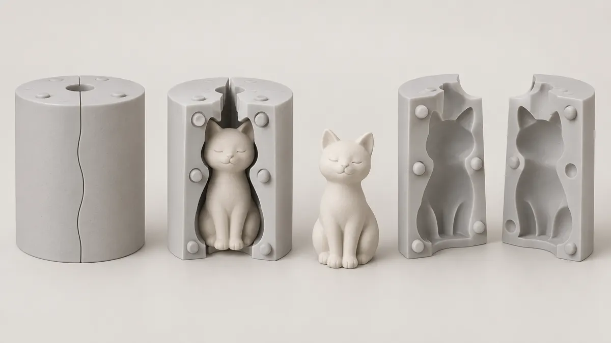Porównanie jednoczęściowej, rozcinanej i dwuczęściowej formy silikonowej do figurki 3D