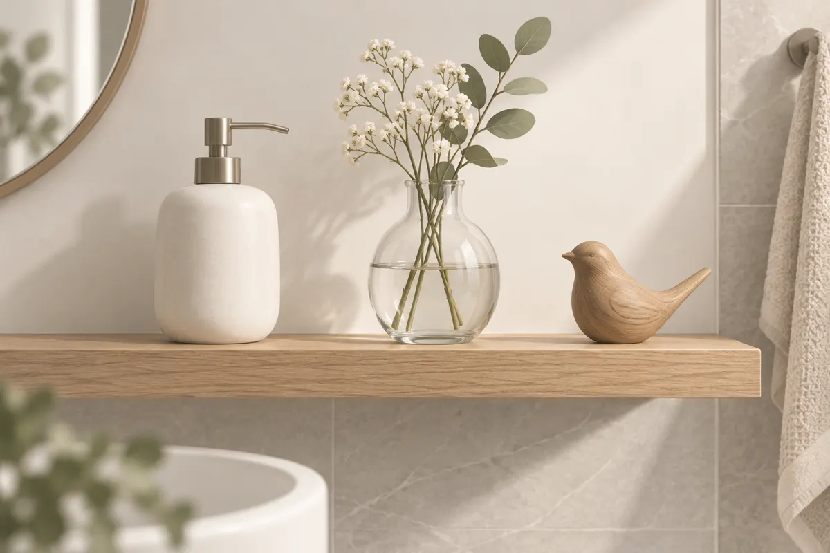 Ceramiczne, szklane i drewniane dodatki na półce w łazience