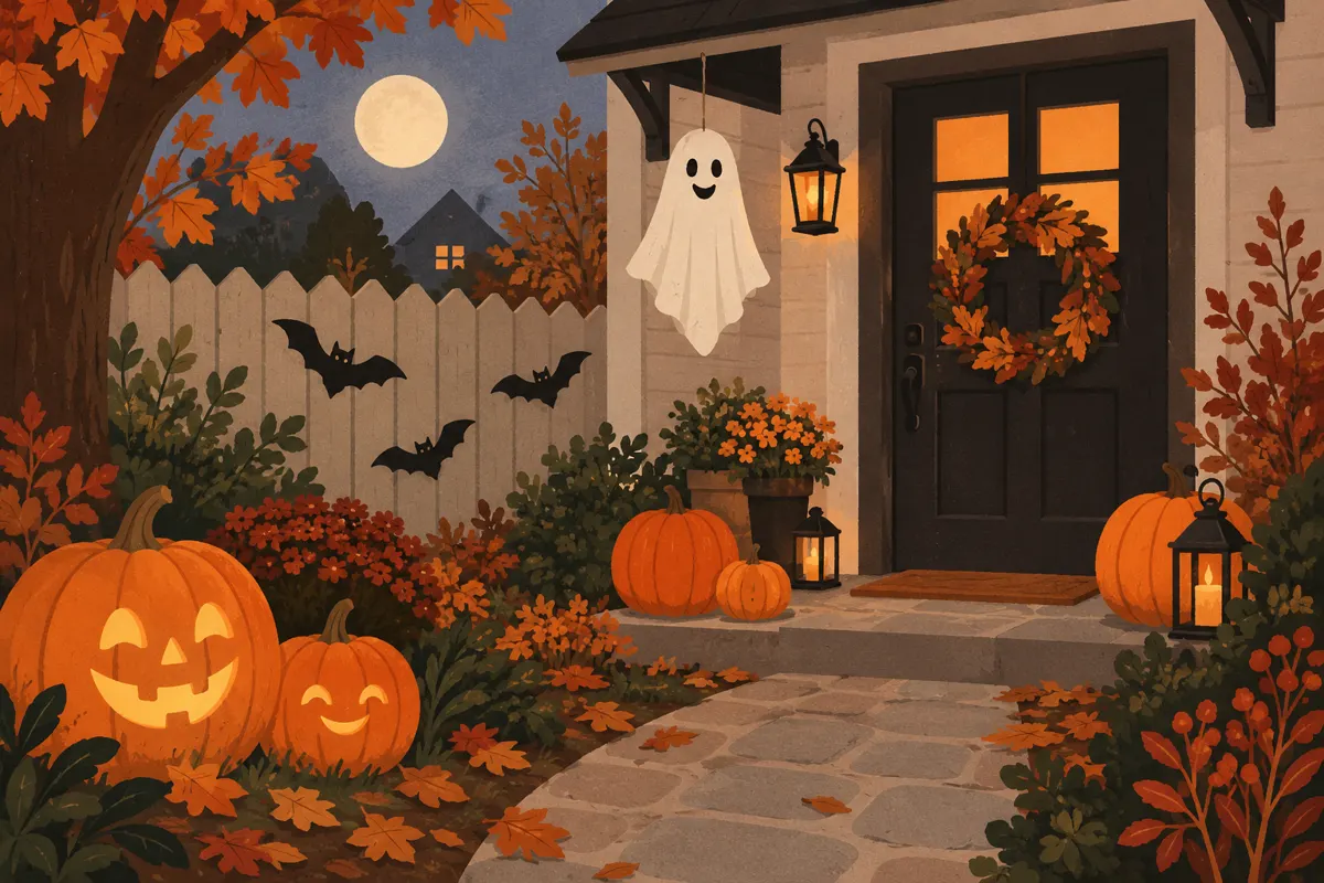 Ilustracja ogrodu ozdobionego na Halloween dyniami, nietoperzami i wiszącym duchem.